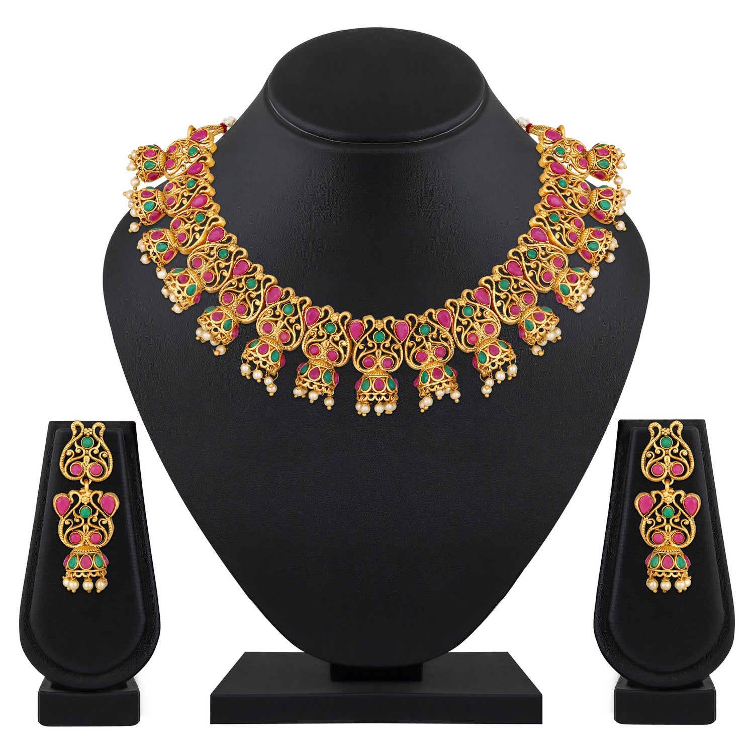 Jazz And Sizzle 22K Gold-Plated Ruby Kundan & Stone Studded Necklace Set with Pearl Beads