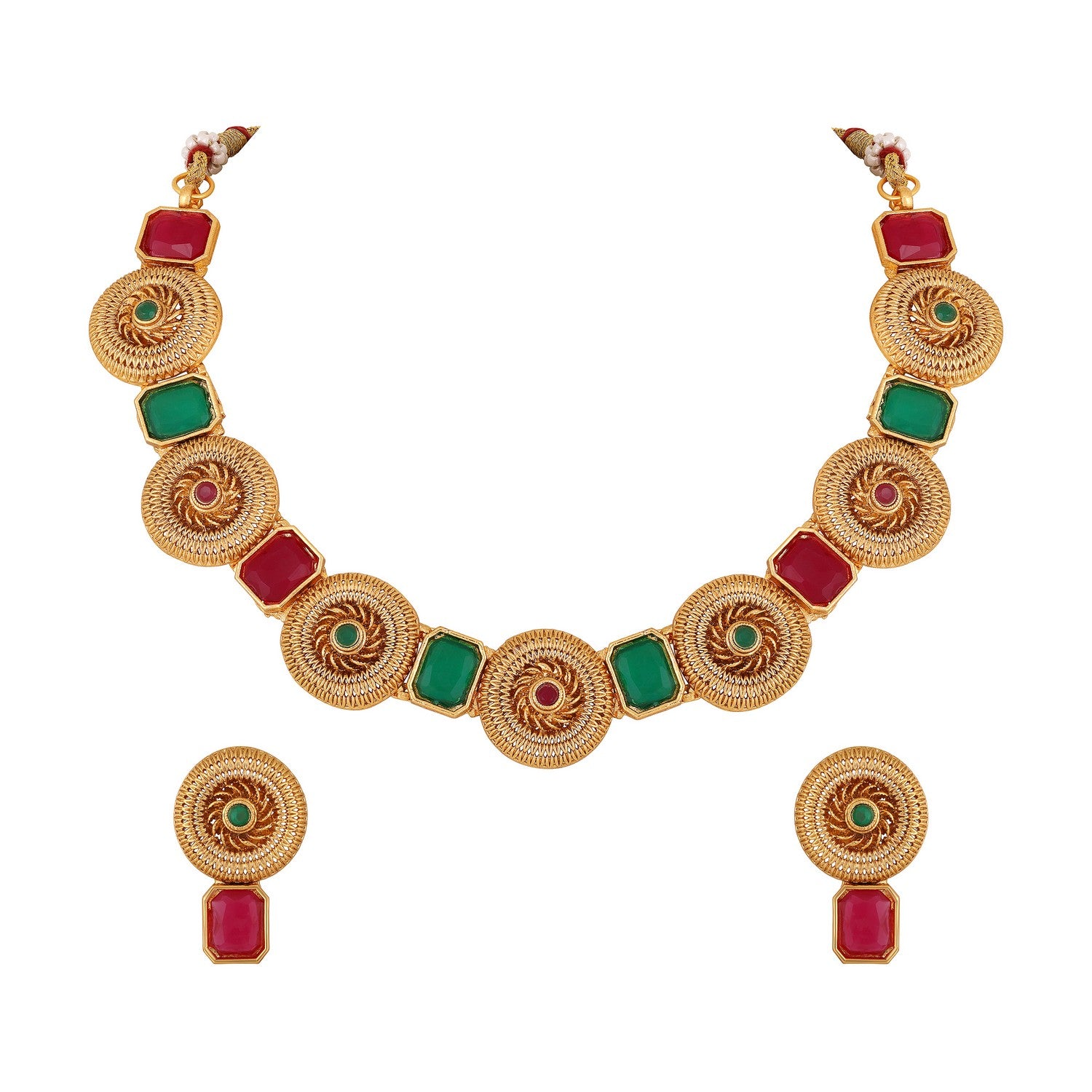 Jazz And Sizzle Gold-Plated Kundan-Studded Ruby & Green Stone Studded Necklace & Earrings Set (Copy)