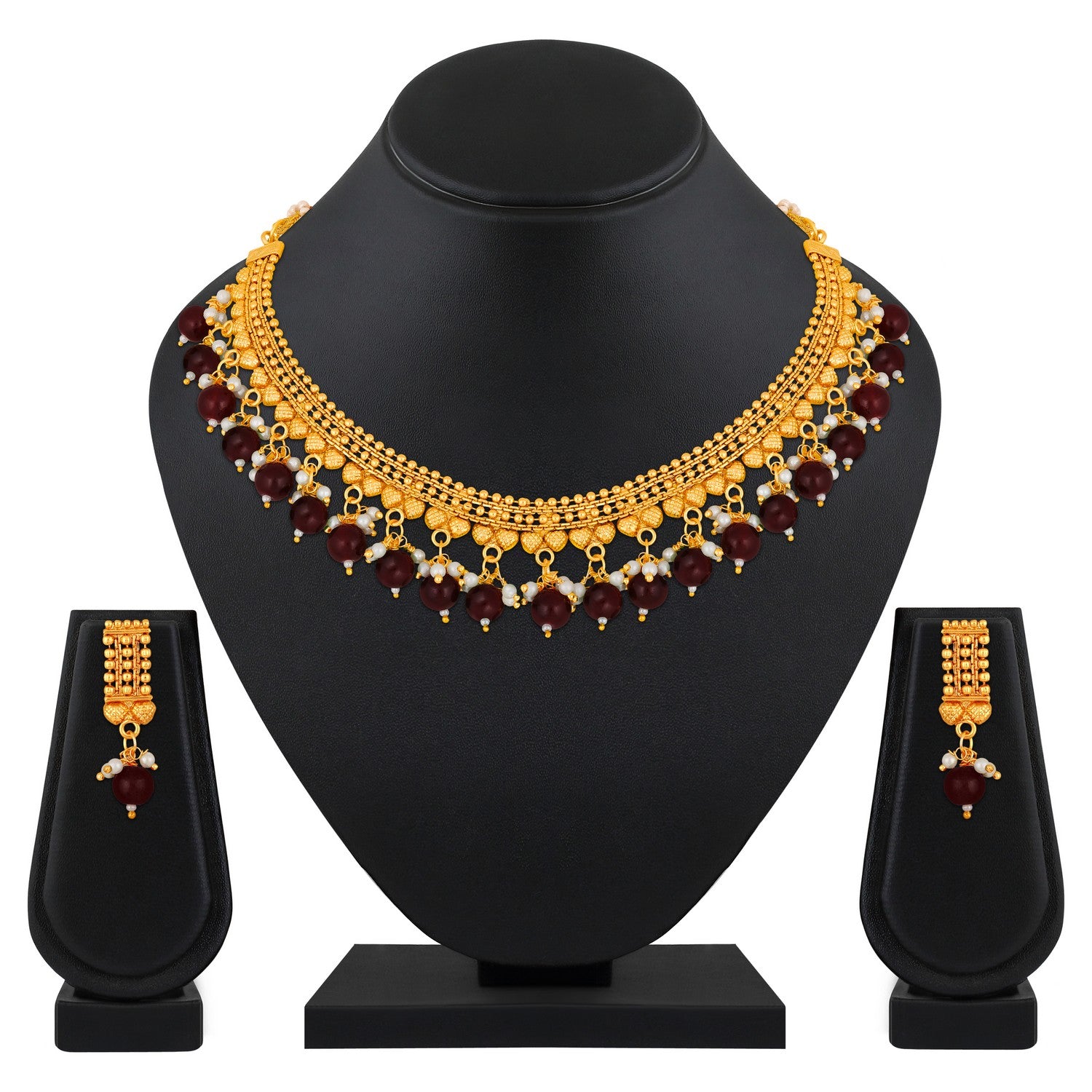 Jazz And Sizzle Gold-Plated Kundan-Studded Ruby & Green Stone Studded Necklace & Earrings Set (Copy) (Copy)