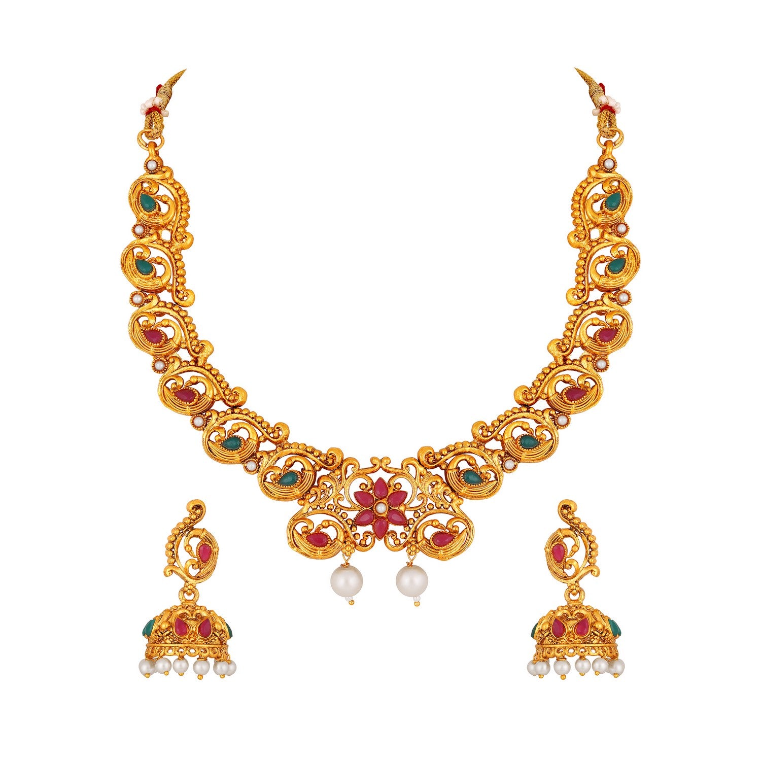 Jazz And Sizzle Gold-Plated Multicolor Stone Studded- Antique Peacock Necklace Set
