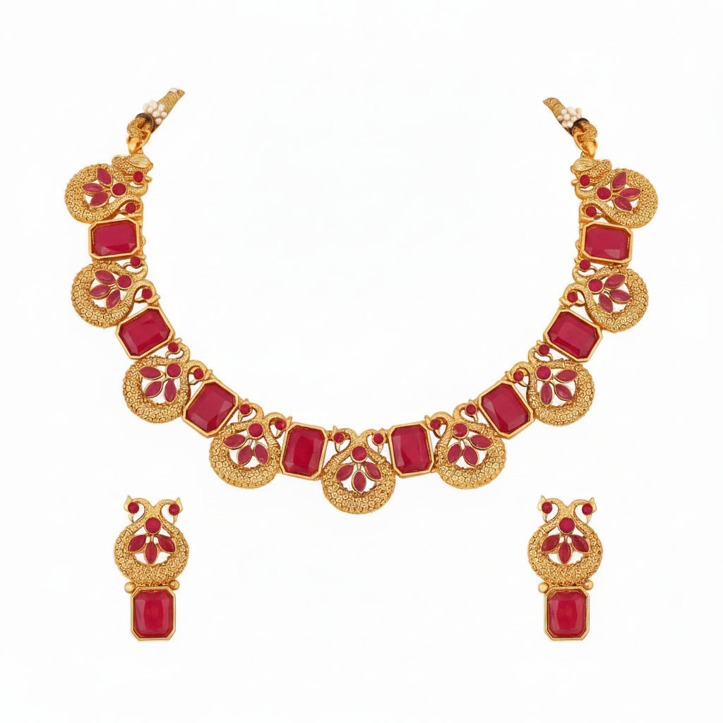 Jazz And Sizzle Gold-Plated Ruby Red Stone Studded- Peacock Necklace Set