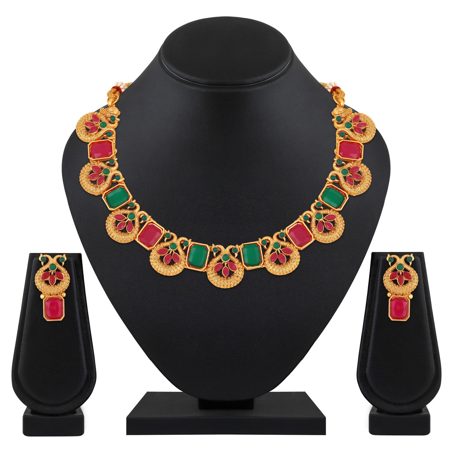 Jazz And Sizzle Gold-Plated Red & Green Stone Studded- Peacock Necklace Set