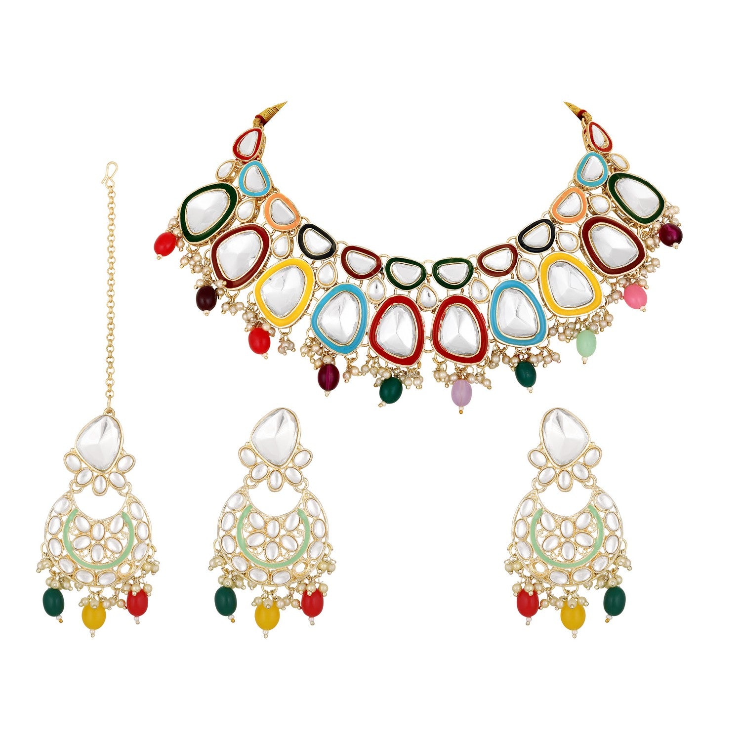 Jazz And Sizzle Gold-Plated Multicoloured Stone Studded Jewellery Set With Maangtikka