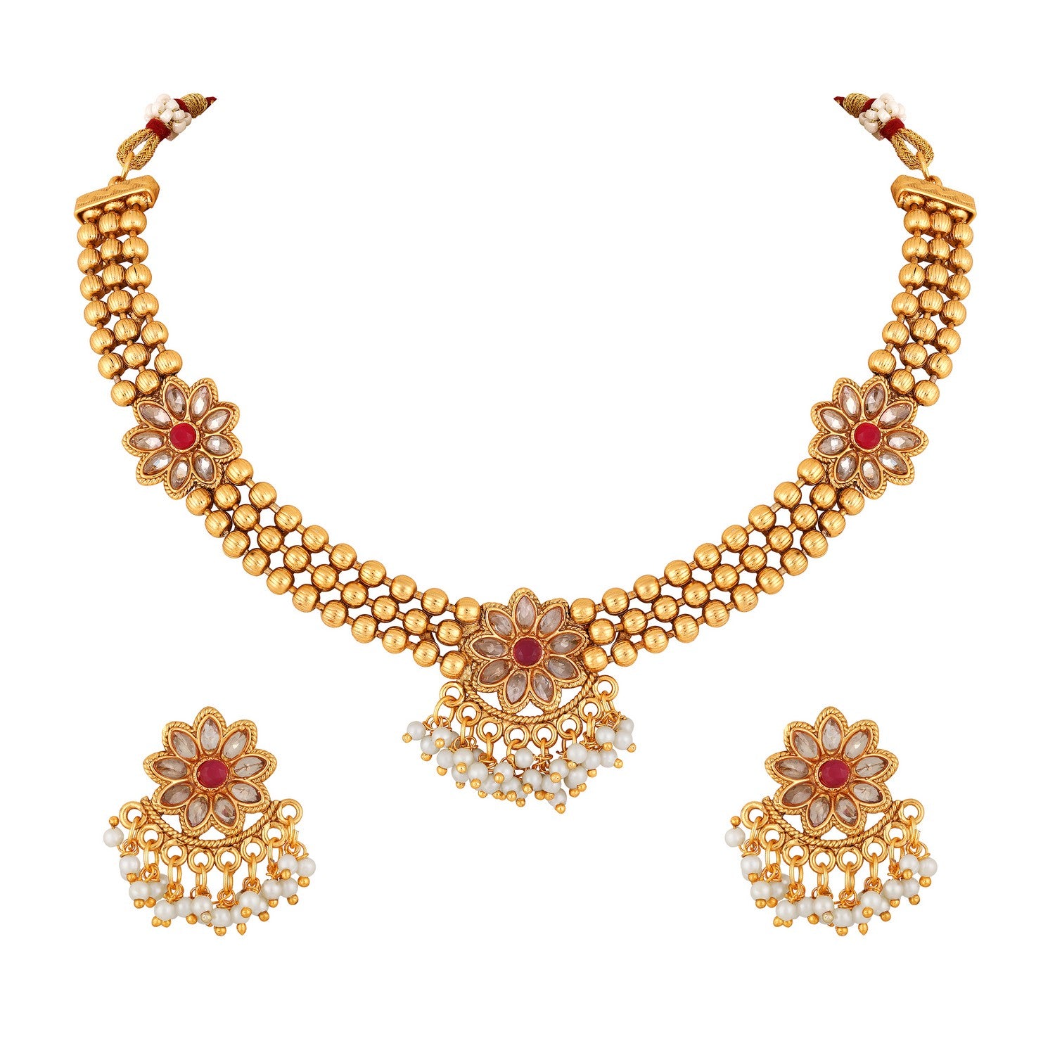 Jazz And Sizzle Gold-Plated Kundan-Studded & Ruby Red Pearls Beaded Necklace & Earrings Set