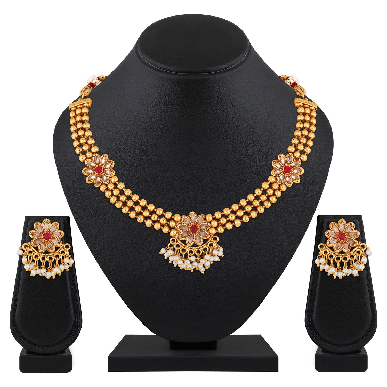 Jazz And Sizzle Gold-Plated Kundan-Studded & Ruby Red Pearls Beaded Necklace & Earrings Set