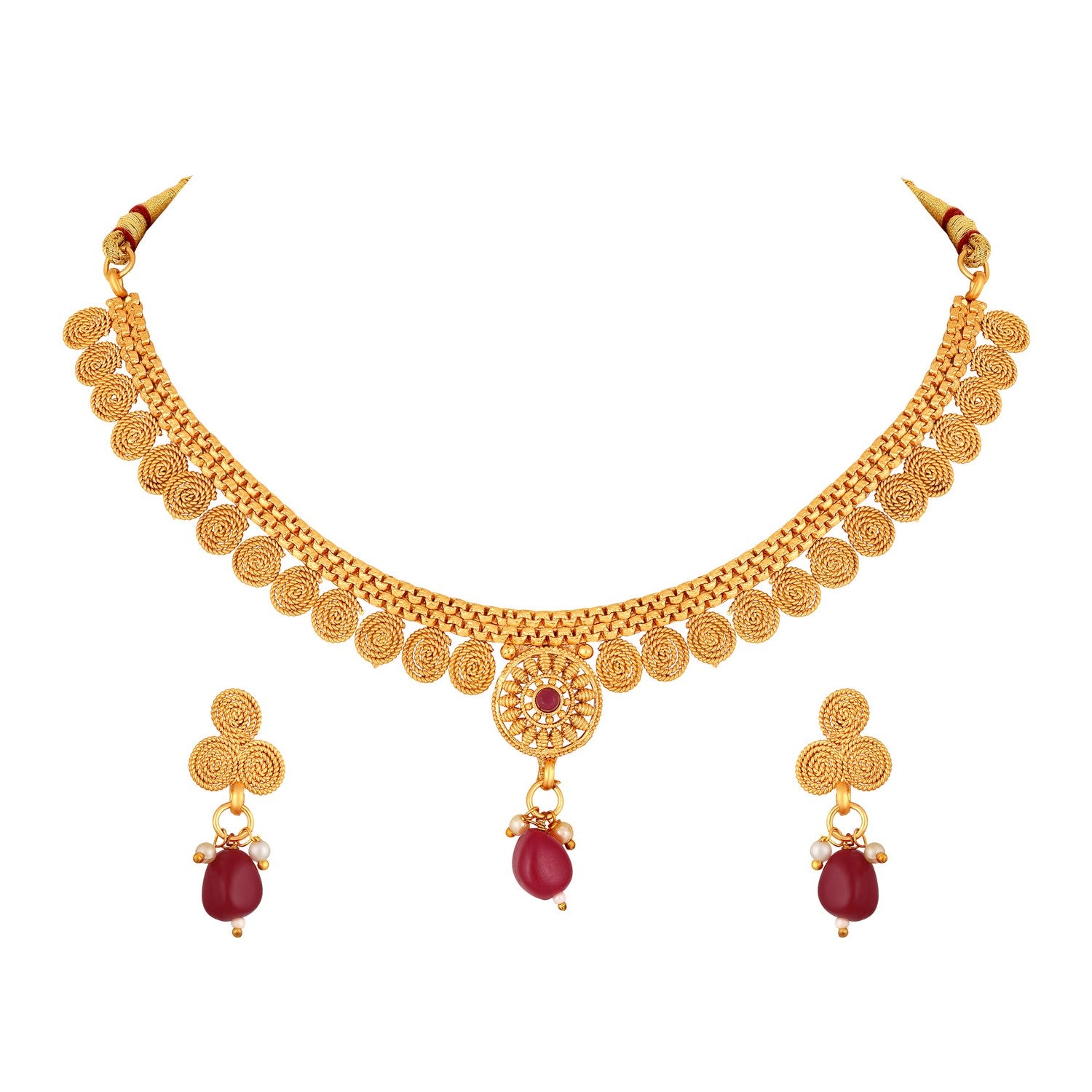 Jazz And Sizzle Gold-Plated Red Stone Studded- Spiral Necklace Set
