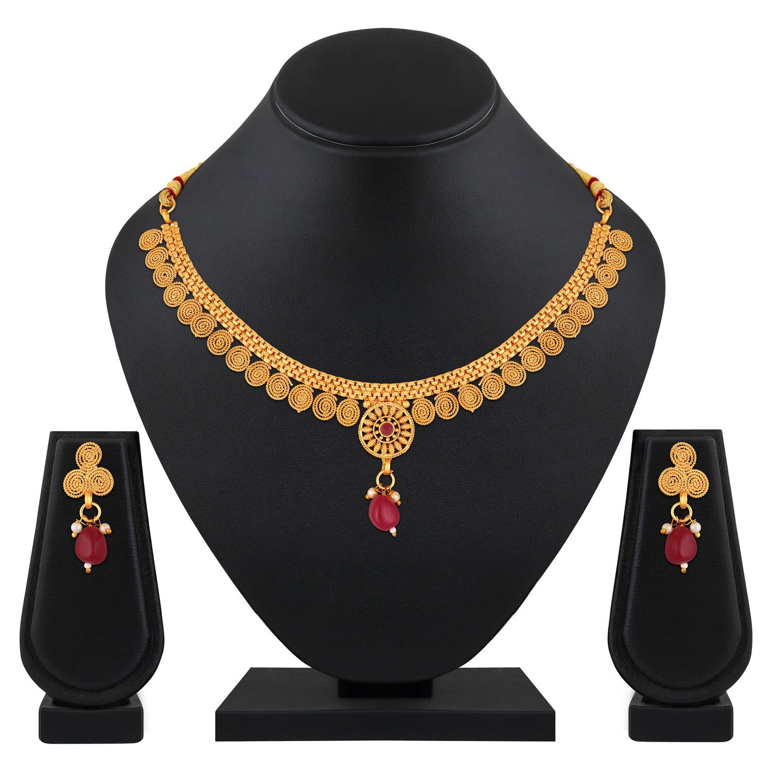 Jazz And Sizzle Gold-Plated Red Stone Studded- Spiral Necklace Set