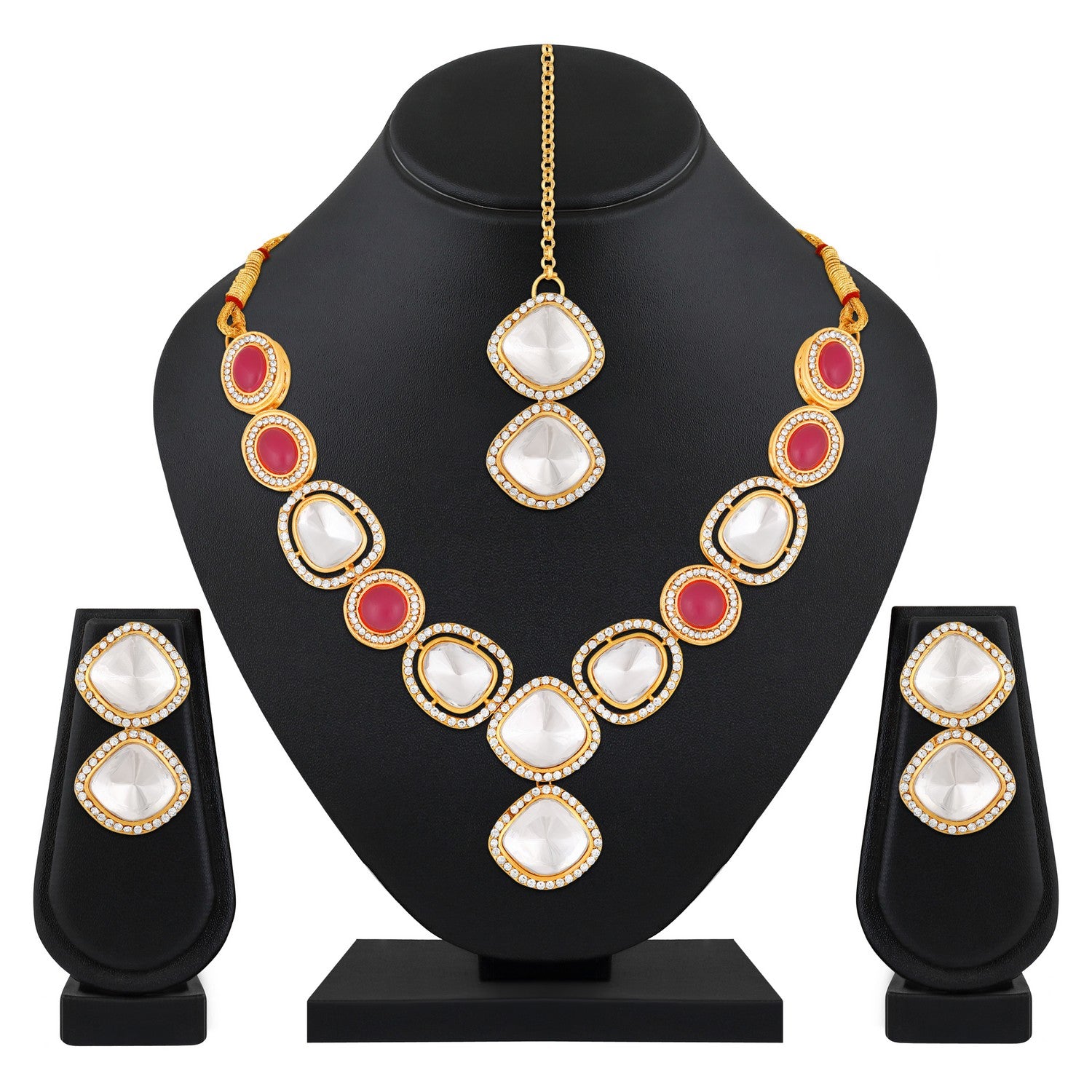 Jazz And Sizzle Gold-Plated Red & White Stone Studded Jewellery Set With Manngtikka