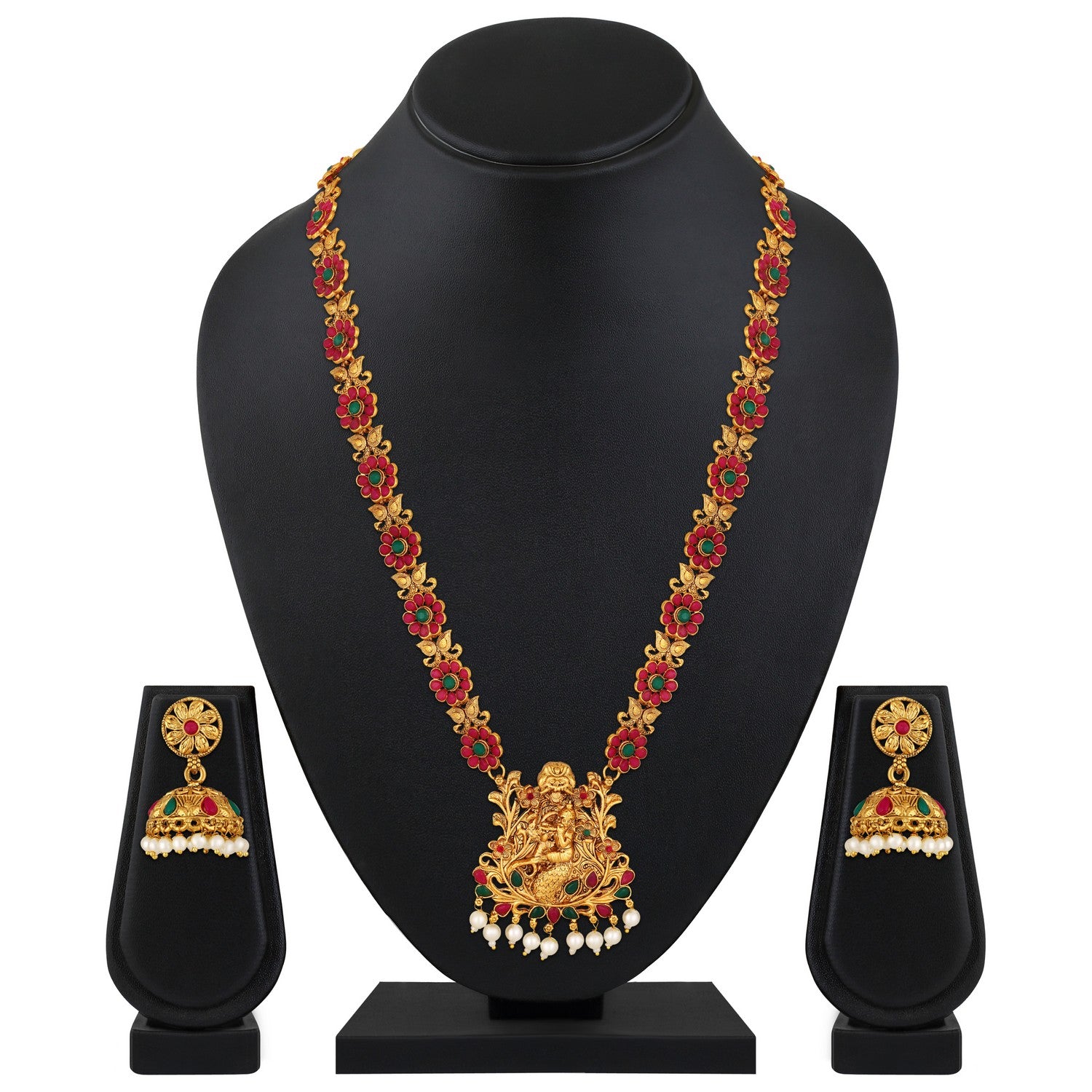 Jazz And Sizzle Gold-Plated Faux Ruby Studded Floral & Krishna Motif Temple Jewelry Set