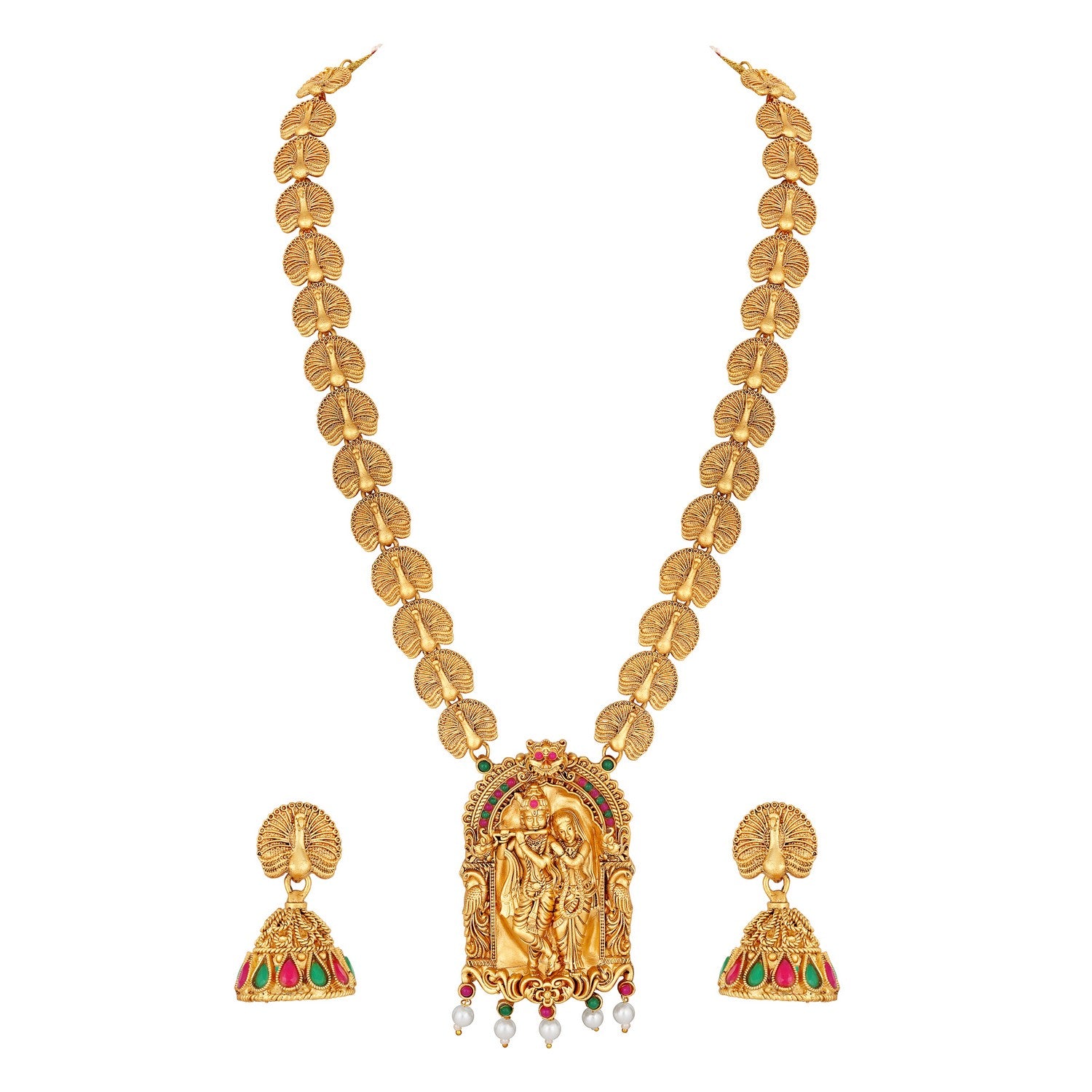 Jazz And Sizzle 22K Gold Plated Golden Beads & Pearl Drops Radha Krishna Temple Jewellery Set