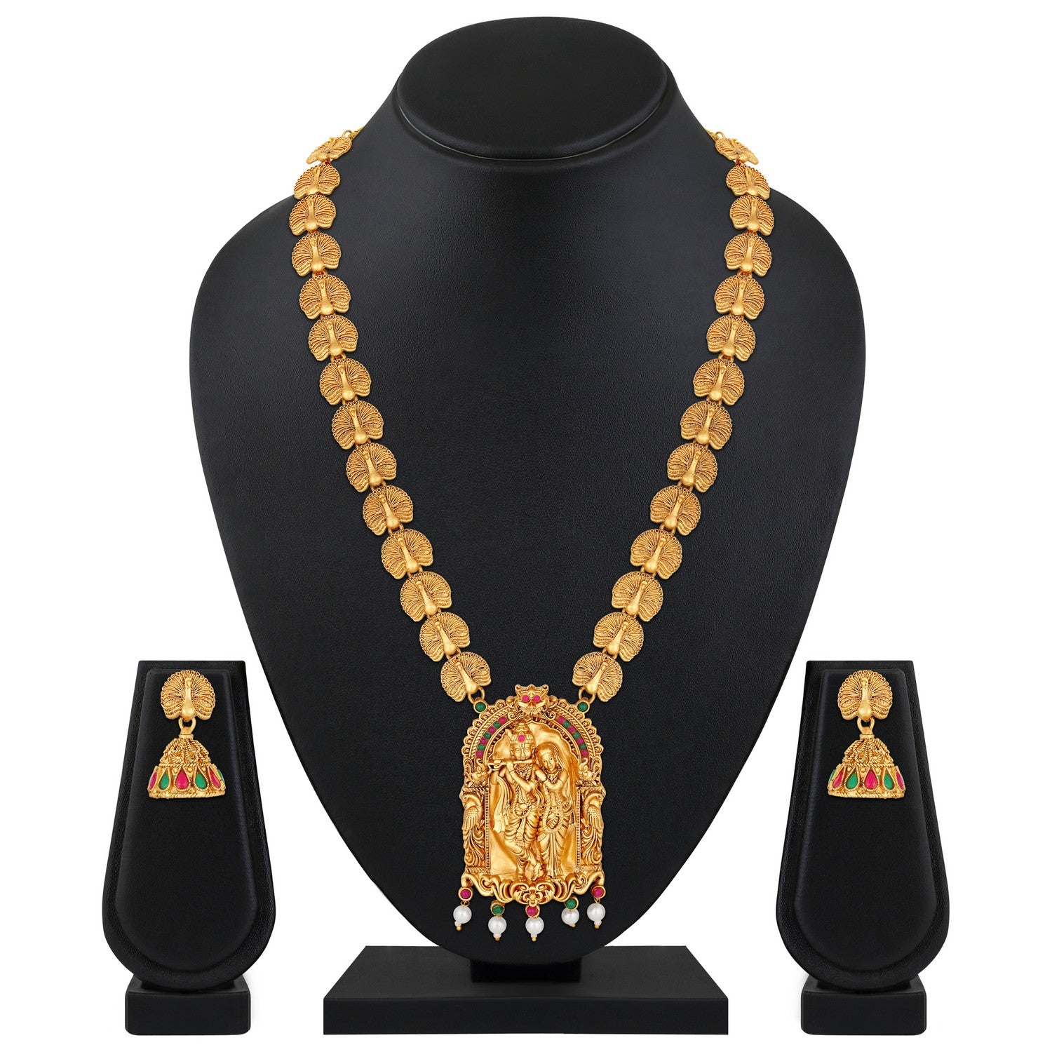 Jazz And Sizzle 22K Gold Plated Golden Beads & Pearl Drops Radha Krishna Temple Jewellery Set