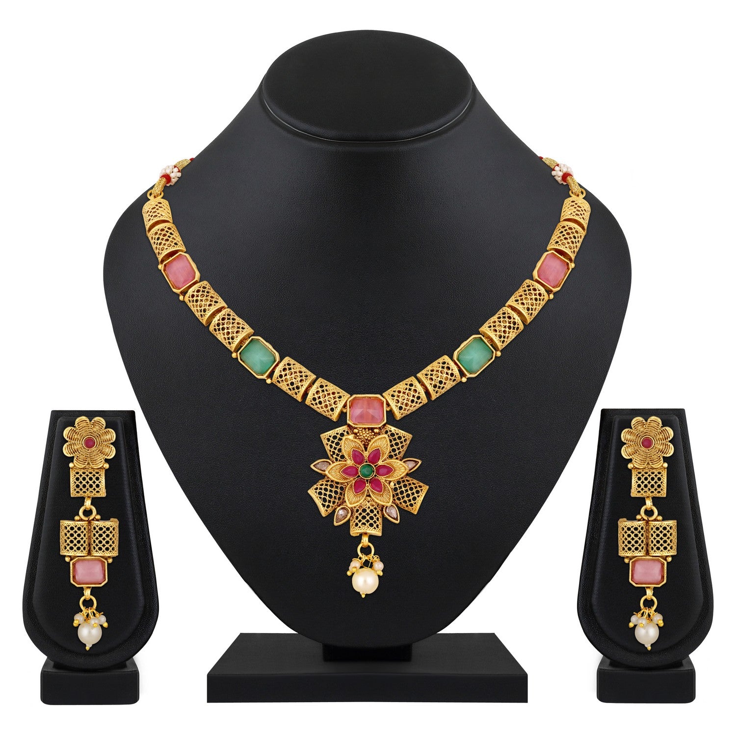 Jazz And Sizzle Gold-Plated Kundan Studded Floral Shaped Jewellery Set