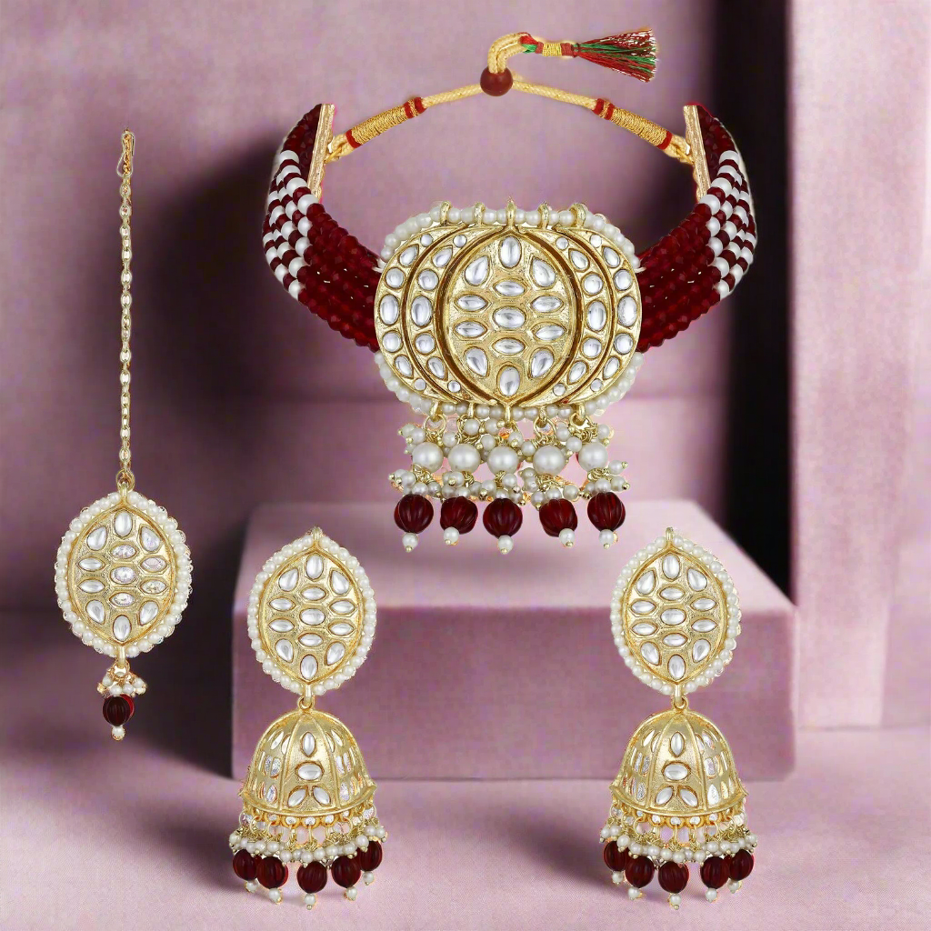 Jazz And Sizzle Gold-Plated Kundan-Studded & Beaded Maroon Necklace & Earrings Set with Maangtikka