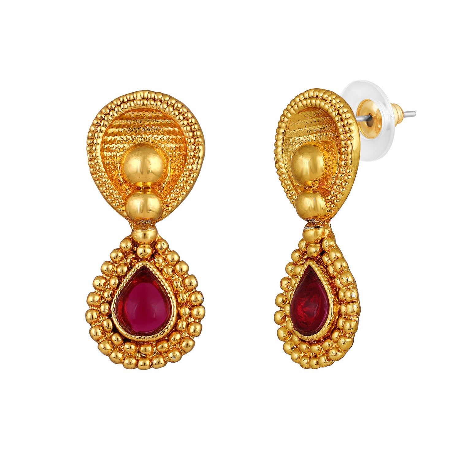 Jazz And Sizzle Gold-Plated Green & Red Stone Studded Temple Necklace & Earrings Set