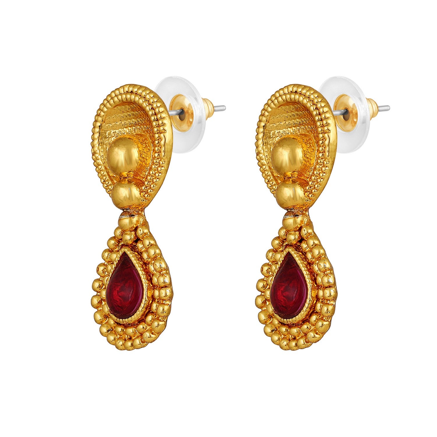 Jazz And Sizzle Gold-Plated Green & Red Stone Studded Temple Necklace & Earrings Set