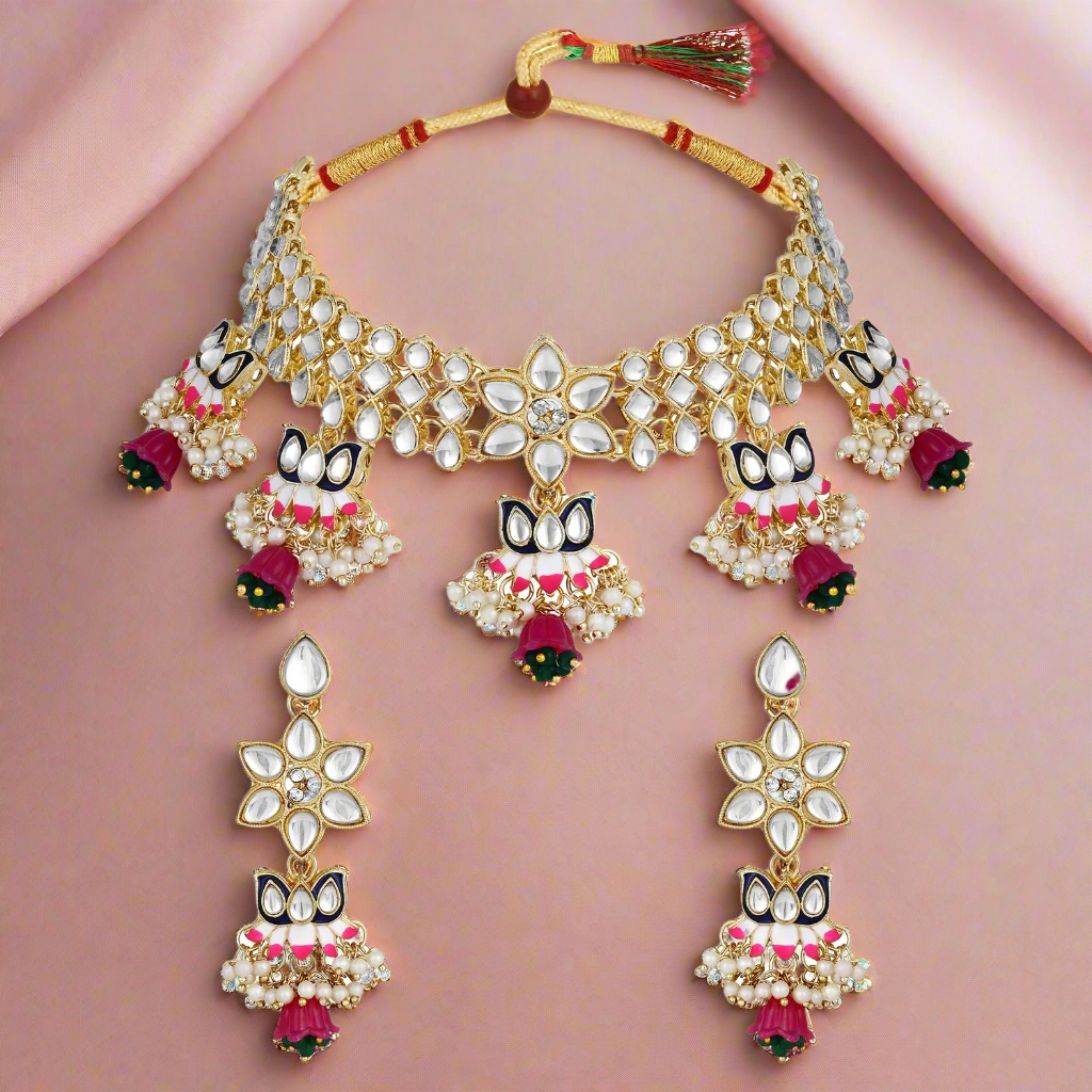 Jazz And Sizzle Gold-Plated Kundan-Studded & Black & Red Minakari Necklace & Earrings Set