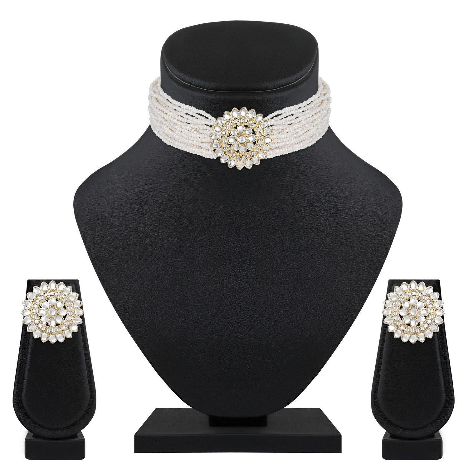 Jazz And Sizzle Gold-Plated Kundan-Studded & Beaded White Floral Necklace & Earrings Set
