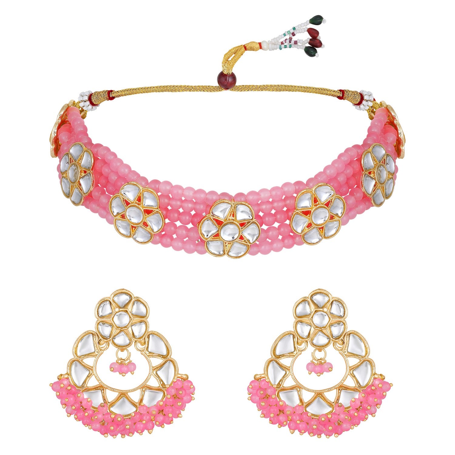 Jazz And Sizzle Gold-Plated Baby Pink Kundan-Studded & Beaded Necklace & Earrings Set