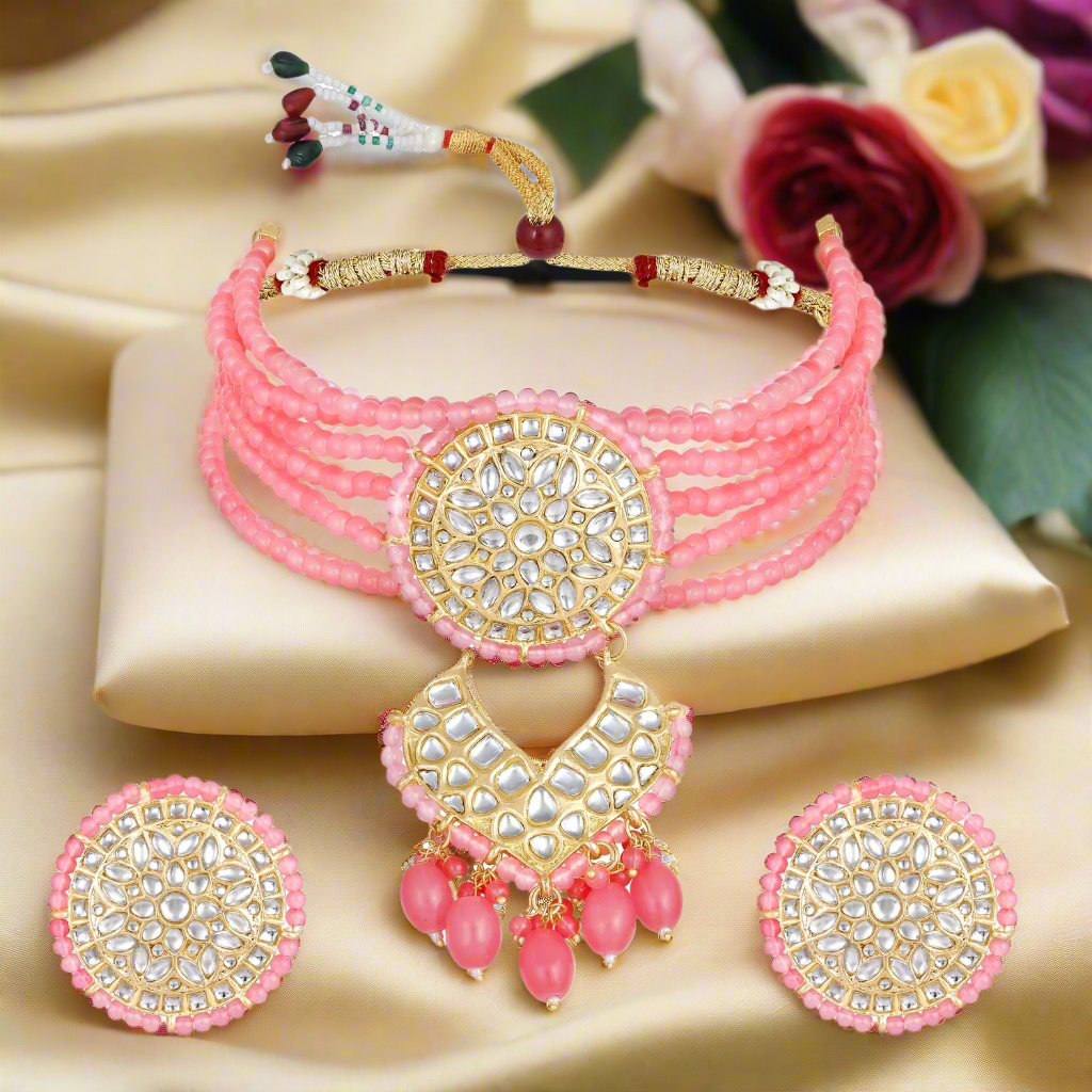 Jazz And Sizzle Gold-Plated Baby Pink Kundan-Studded & Beaded Necklace & Earrings Set