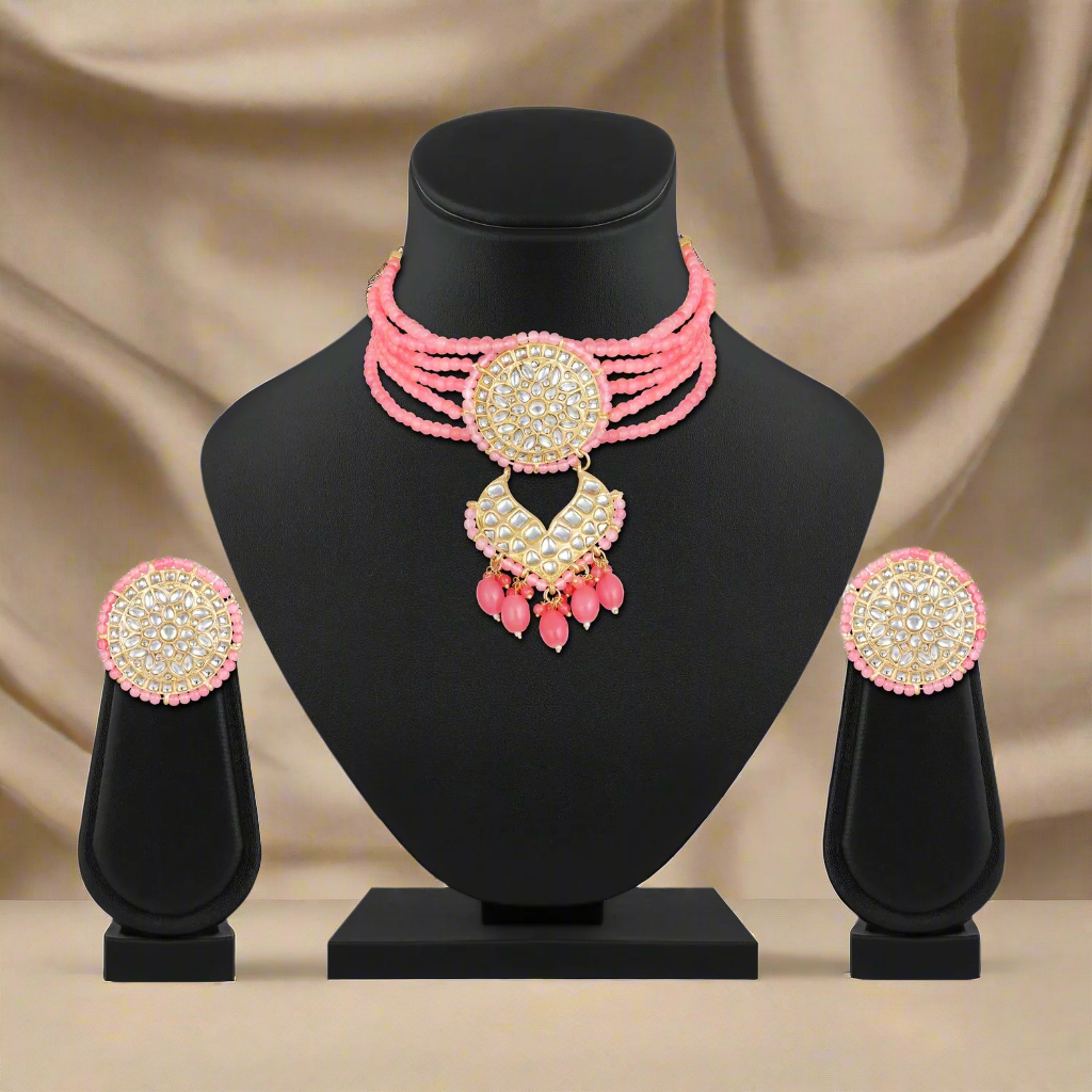Jazz And Sizzle Gold-Plated Baby Pink Kundan-Studded & Beaded Necklace & Earrings Set
