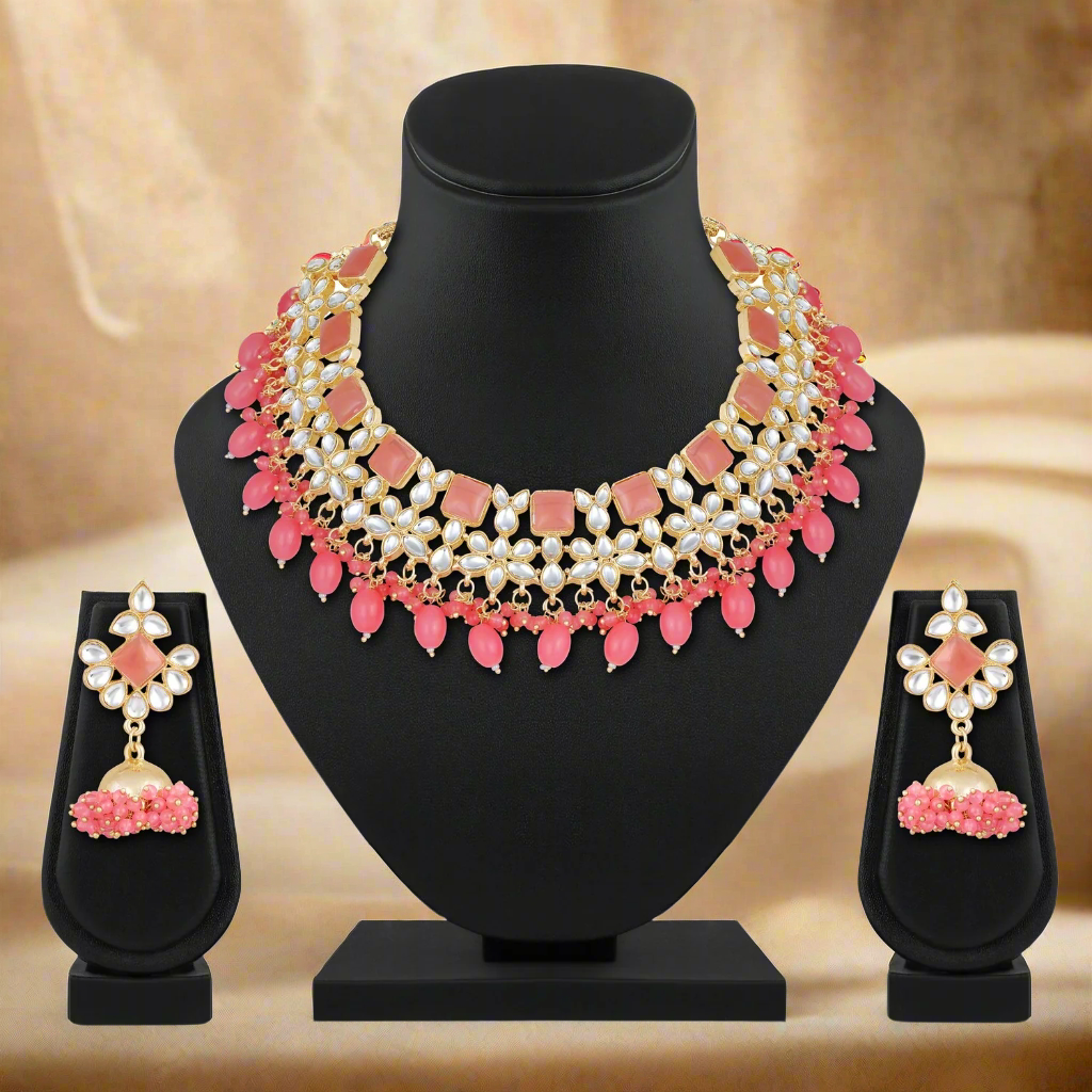 Jazz And Sizzle Gold-Plated Peach Pink Kundan-Studded & Beaded Necklace & Earrings Set
