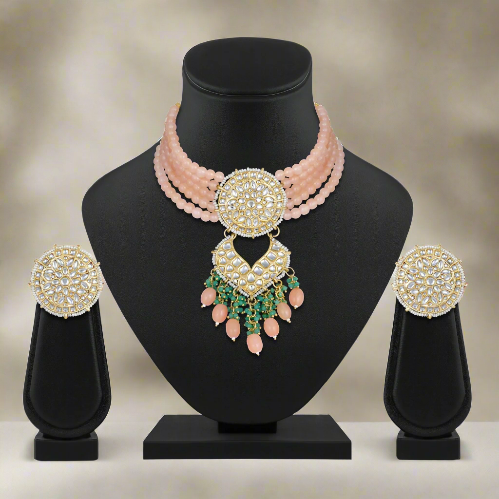 Jazz And Sizzle Gold-Plated Kundan-Studded & Beaded Necklace & Earrings Set