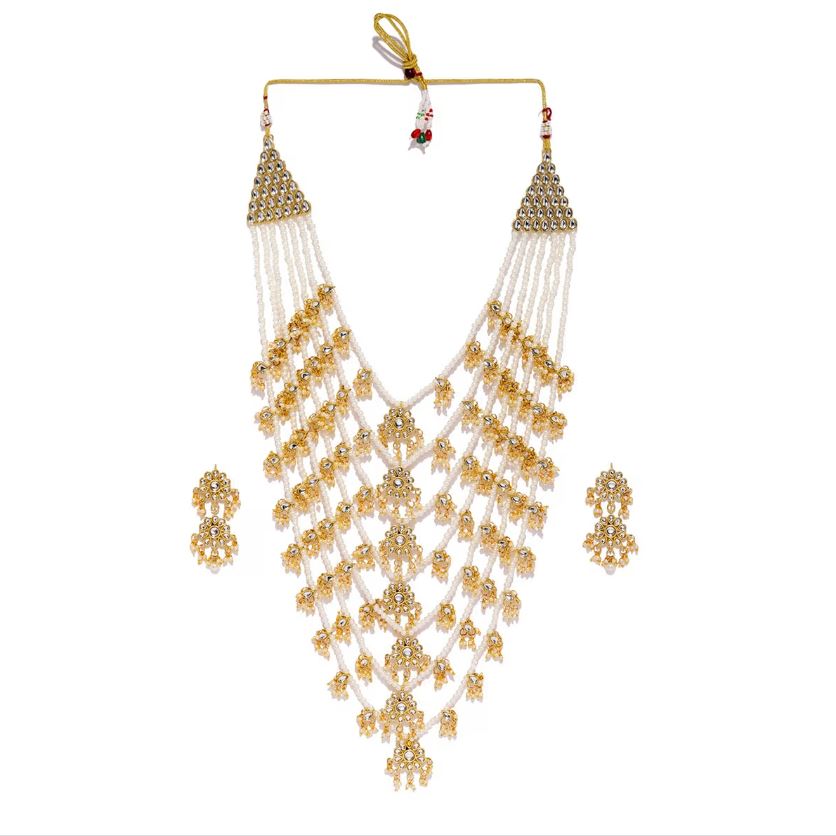 Gold-Plated White Kundan-Studded & Pearl Beaded Jewellery Set - Jazzandsizzle