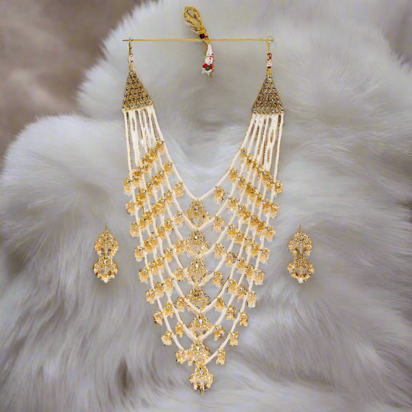 Gold-Plated White Kundan-Studded & Pearl Beaded Jewellery Set - Jazzandsizzle