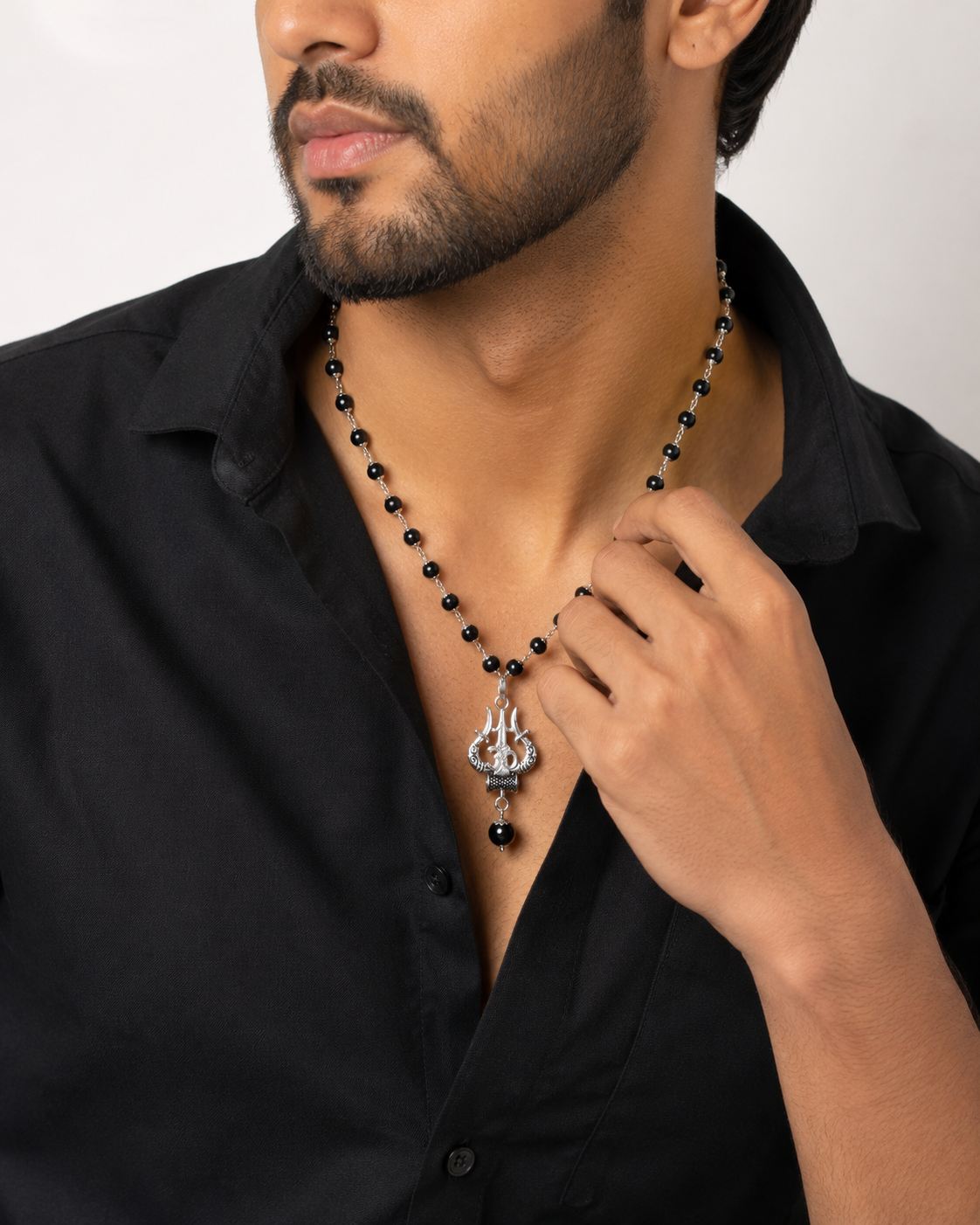 Silver Plated Karungali Necklace with Trishool Pendant-JS-SNC-0013