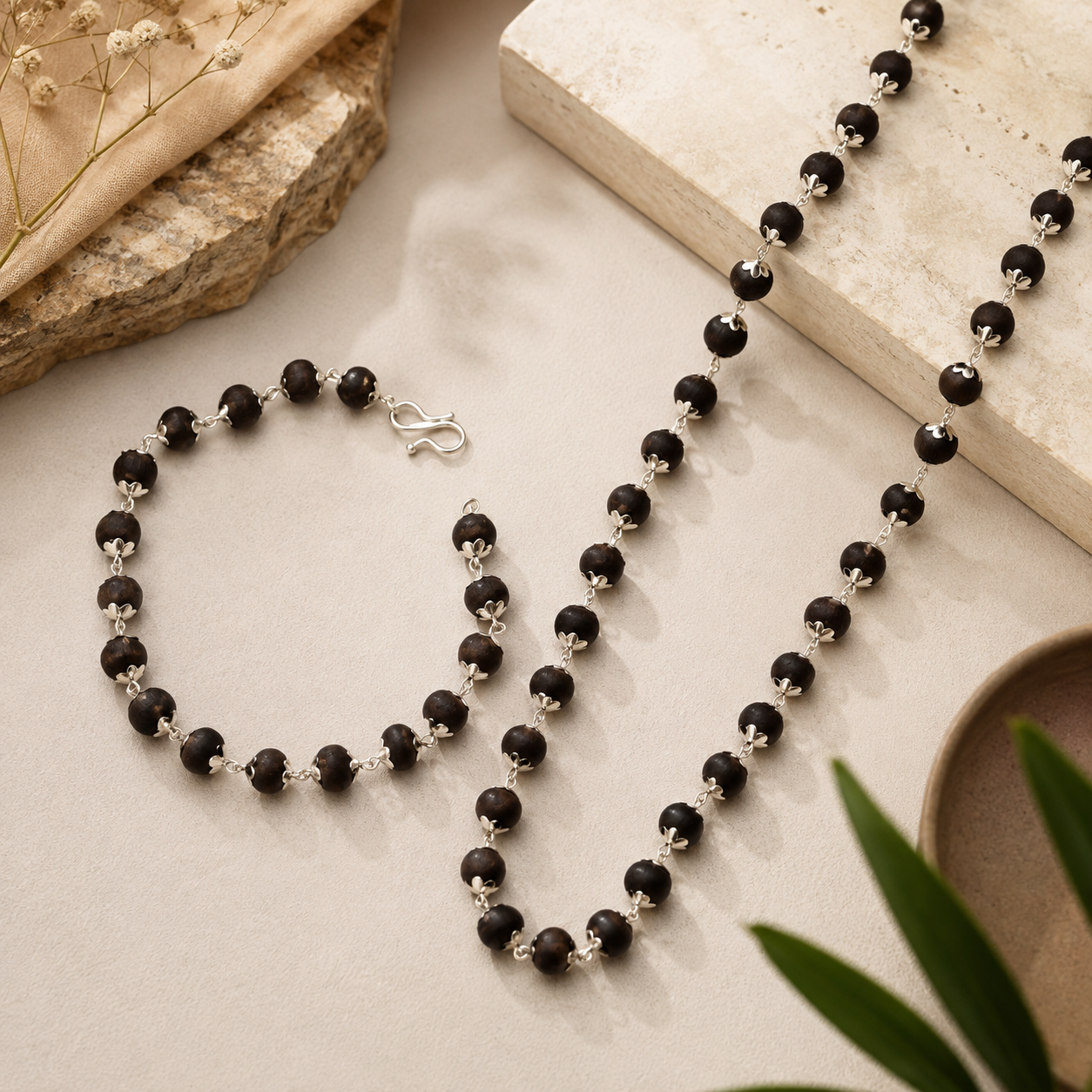 Silver Plated Karungali Mala + Karungali Bracelet Combo For Men-JS-SNC-0014