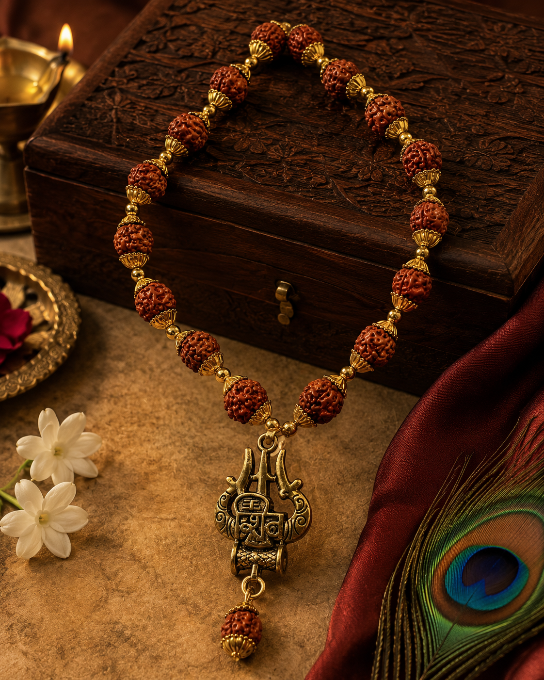 Gold-Plated Rudraksha Mala with Trishul & Spiritual Pendant | Traditional Prayer Necklace