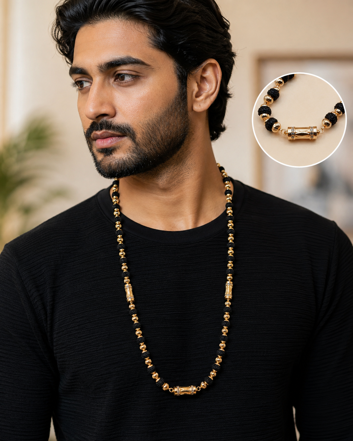 Gold-Plated Black Rudraksha-Inspired Beaded Chain for Men-JS-SNC-007