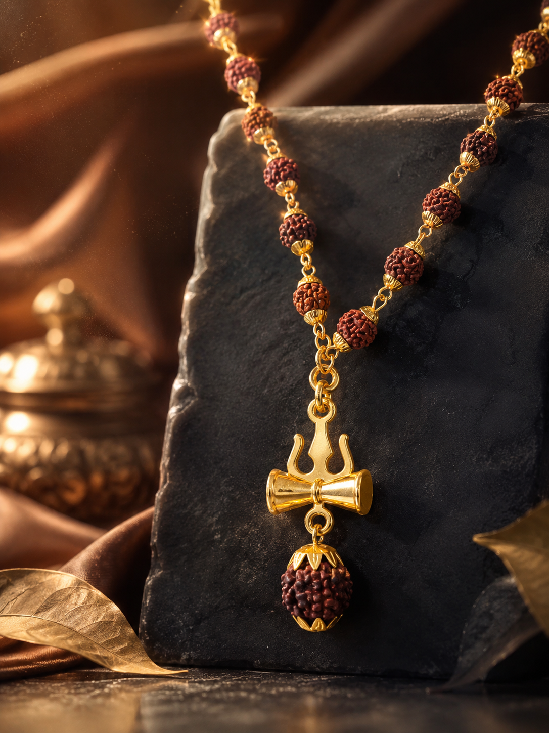Rudraksha Trishul Damru Gold-Plated Spiritual Pendant Necklace for Men-JS-SNC-003