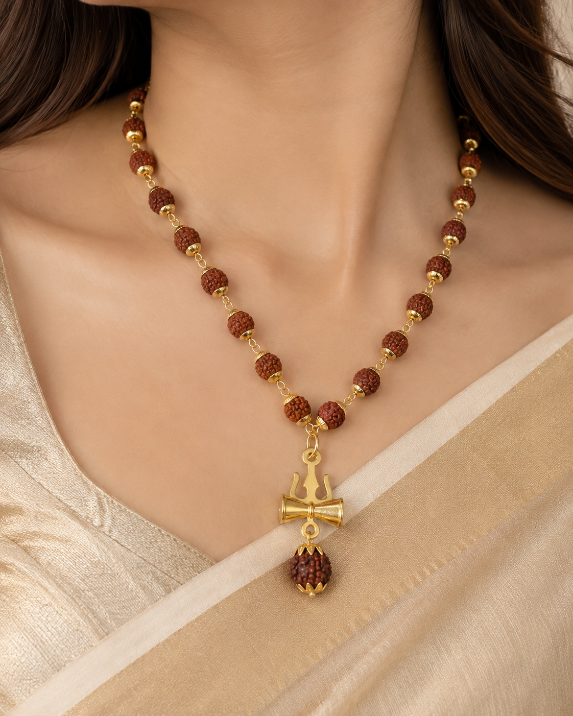 Rudraksha Trishul Damru Gold-Plated Spiritual Pendant Necklace for Men-JS-SNC-003