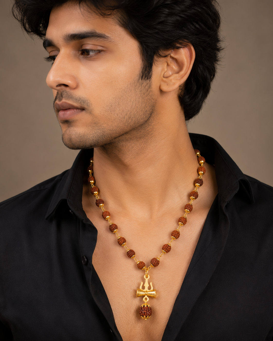 Rudraksha Trishul Damru Gold-Plated Spiritual Pendant Necklace for Men-JS-SNC-003