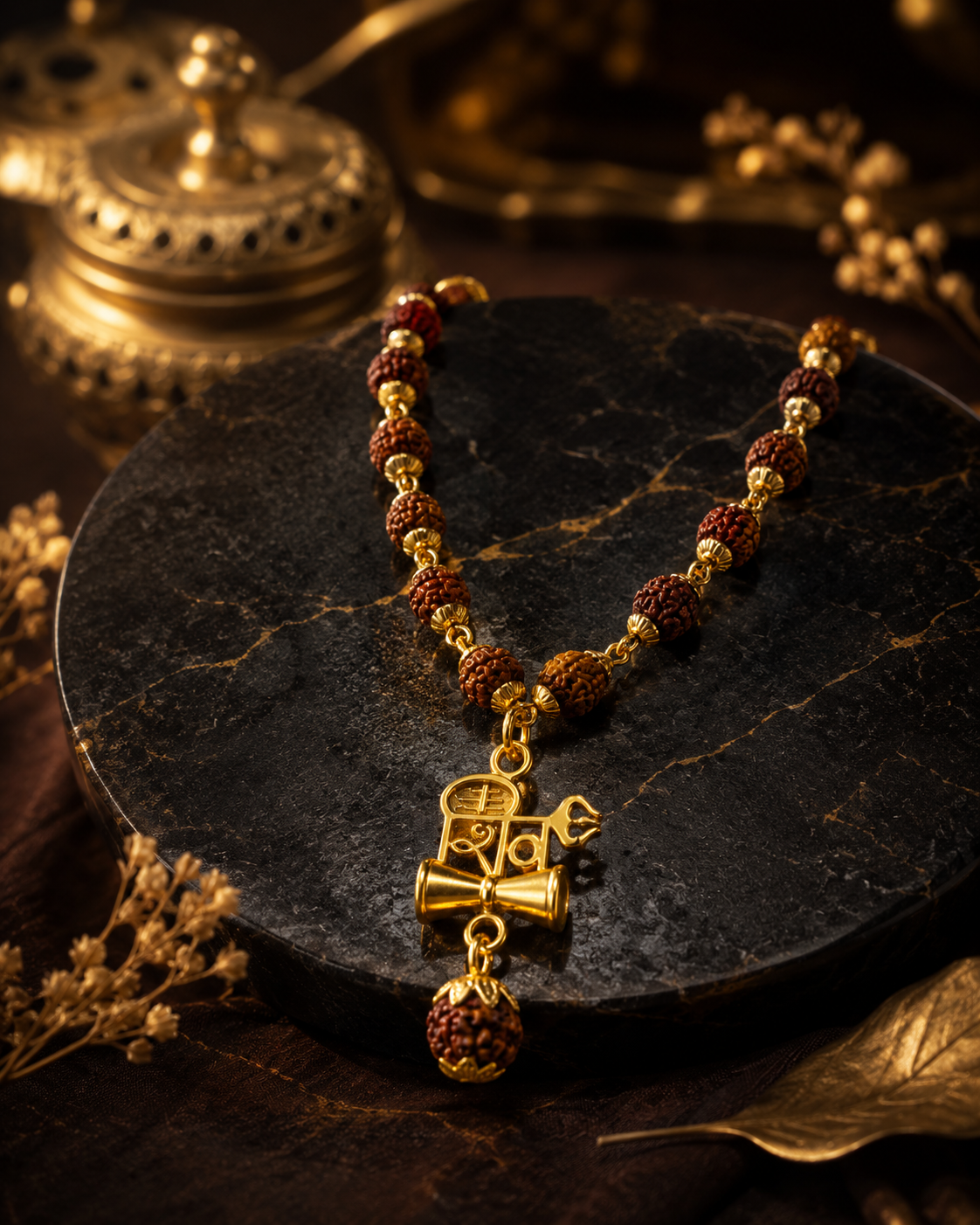 Rudraksha Shivling Damru Gold-Plated Spiritual Pendant Necklace for Men-JS-SNC-004