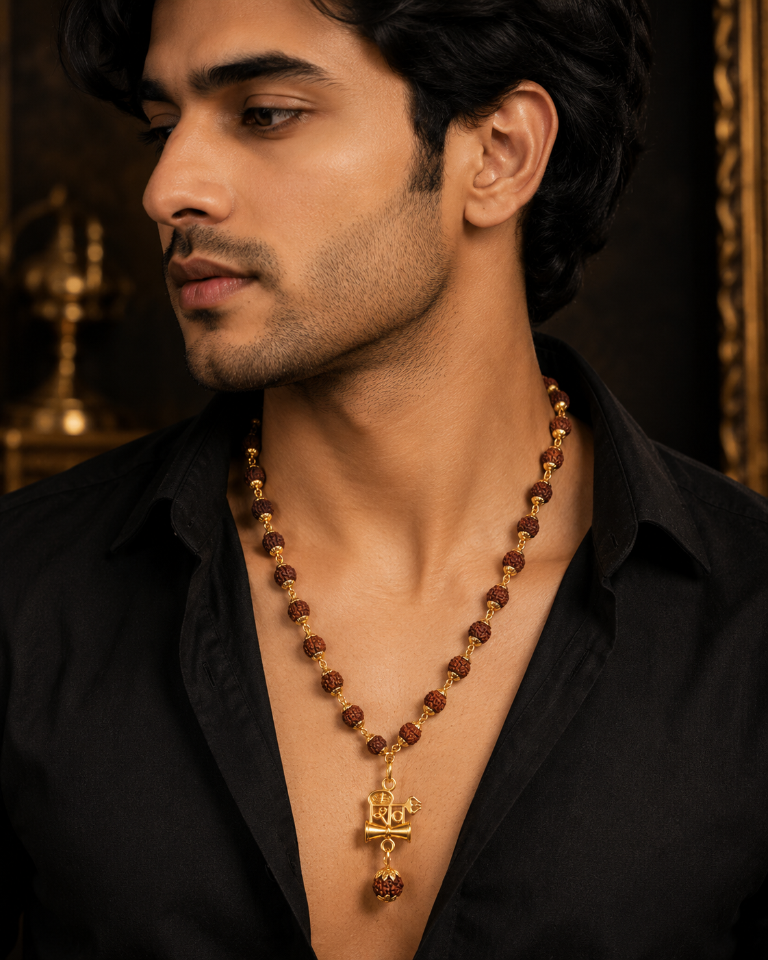 Rudraksha Shivling Damru Gold-Plated Spiritual Pendant Necklace for Men-JS-SNC-004