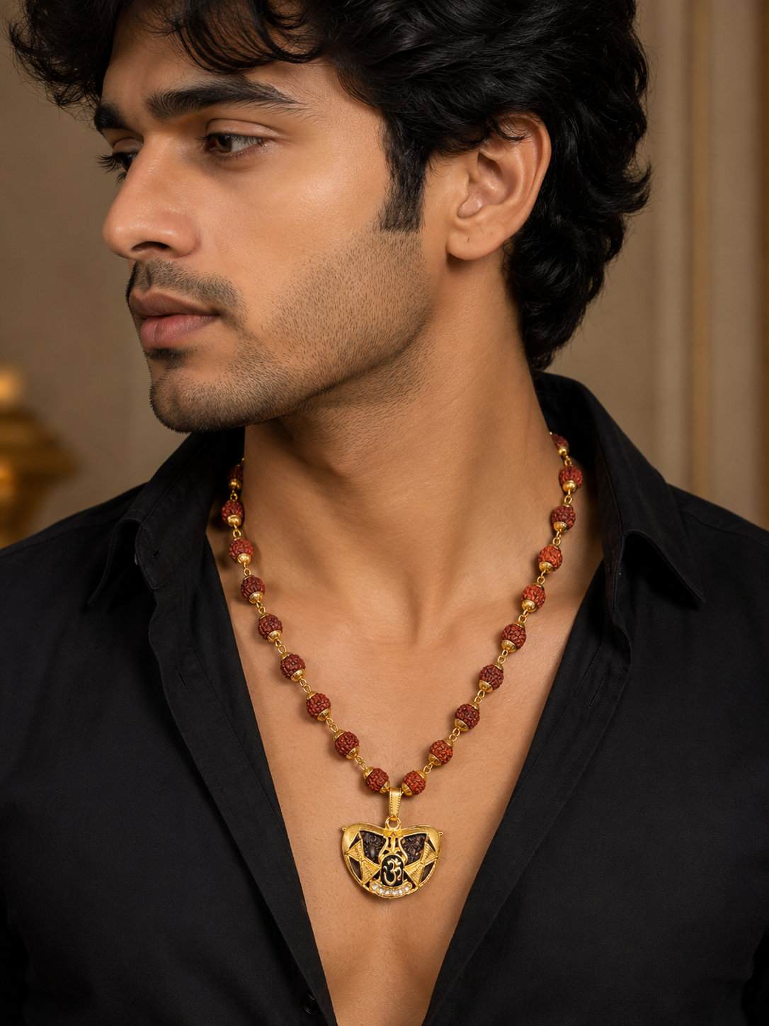 Rudraksha Om Trishul Gold-Plated Spiritual Pendant Necklace for Men-JS-SNC-005