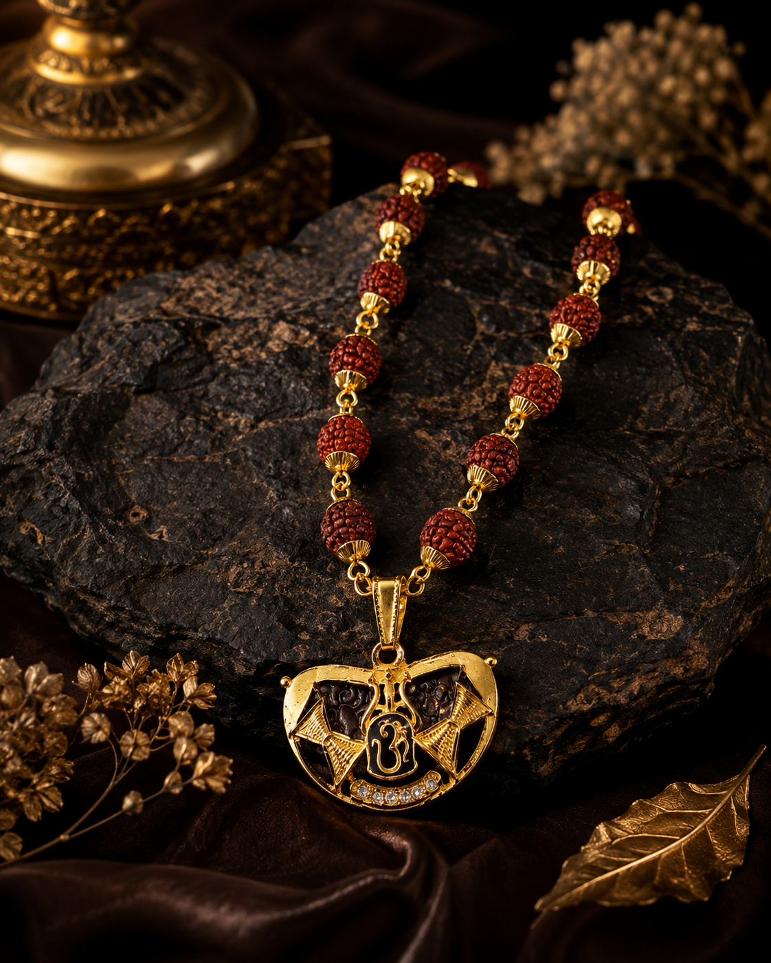 Rudraksha Om Trishul Gold-Plated Spiritual Pendant Necklace for Men-JS-SNC-005