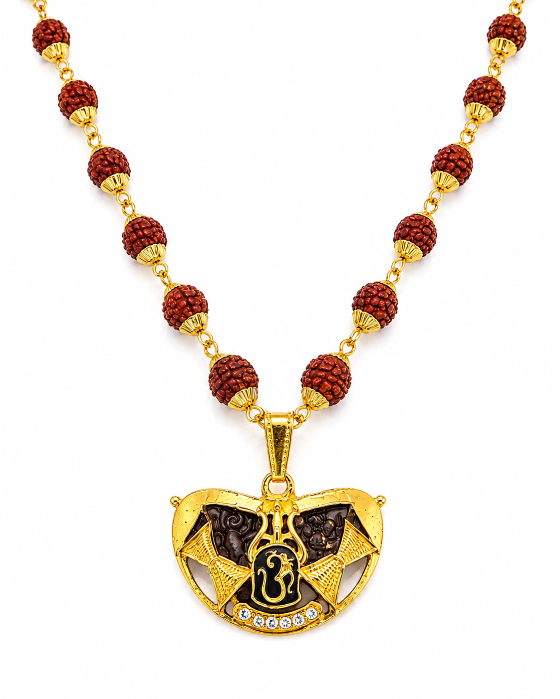 Rudraksha Om Trishul Gold-Plated Spiritual Pendant Necklace for Men-JS-SNC-005