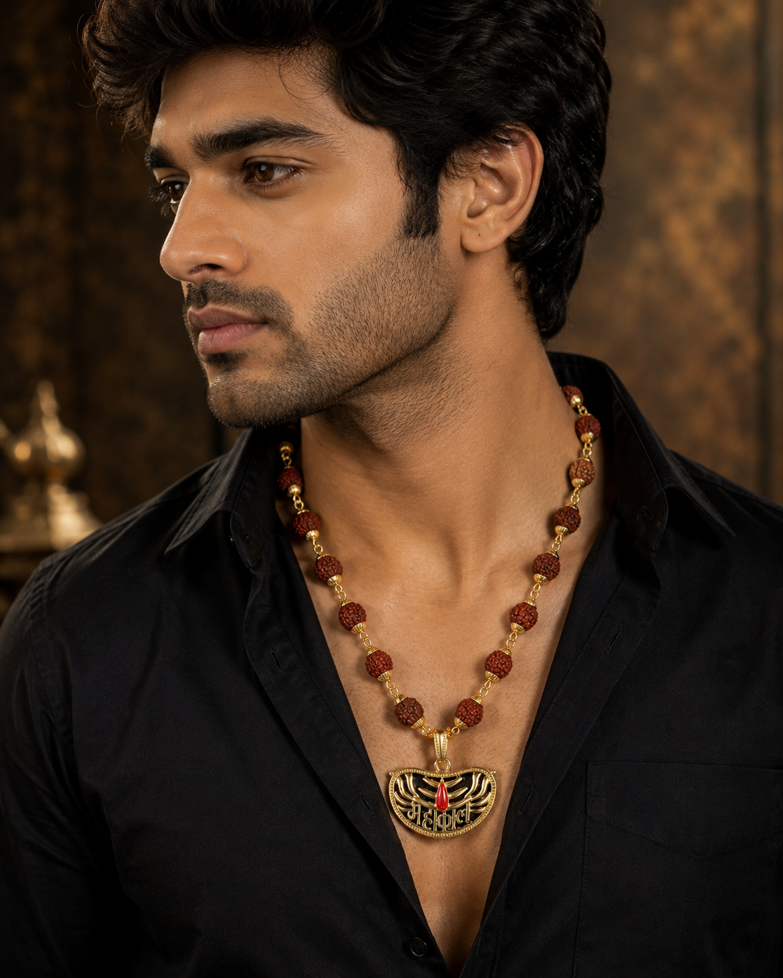 Mahakal Rudraksha Gold-Plated Spiritual Pendant Necklace for Men-JS-SNC-006