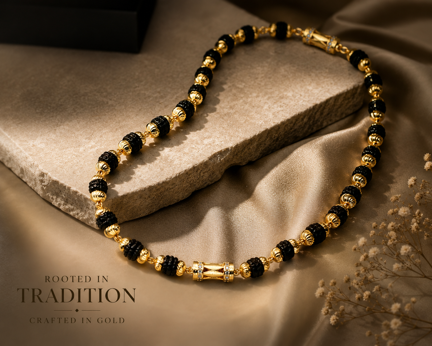 Gold-Plated Black Rudraksha-Inspired Beaded Chain for Men-JS-SNC-007
