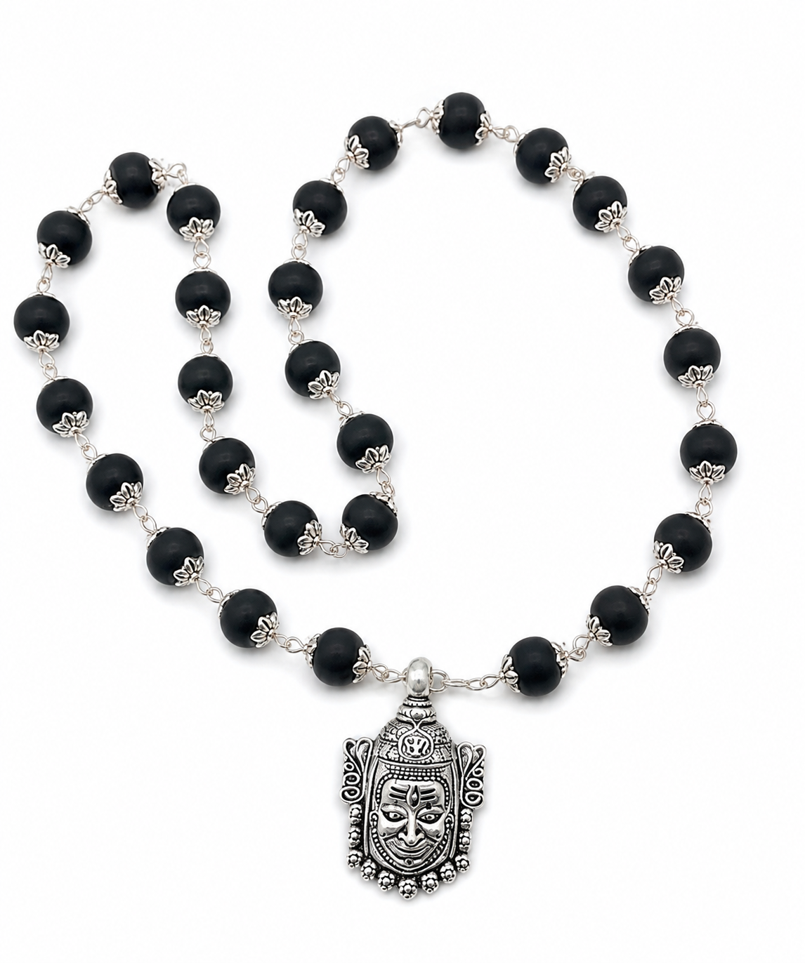 Silver-Tone Black Beaded Necklace with Mahakal Shiva Pendant for Men-JS-SNC-008