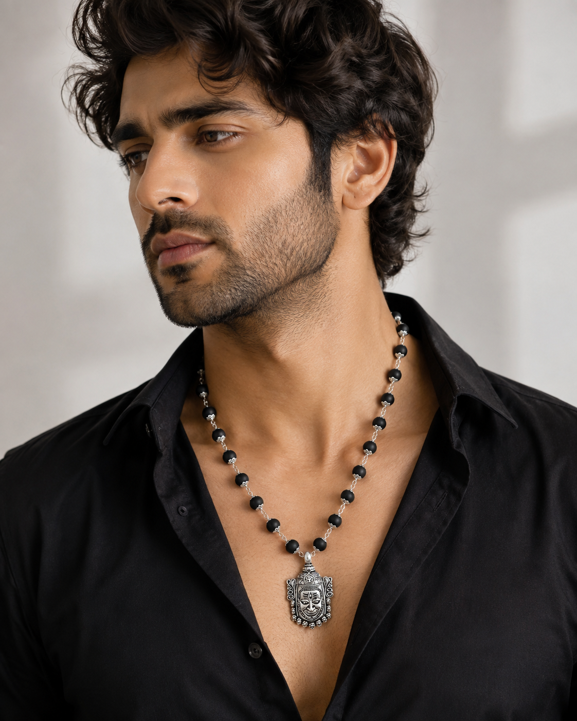 Silver-Tone Black Beaded Necklace with Mahakal Shiva Pendant for Men-JS-SNC-008