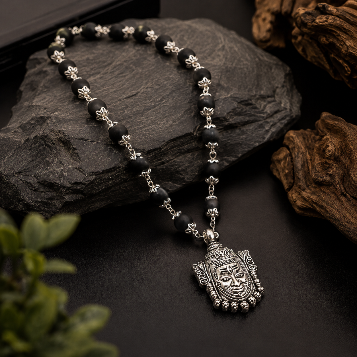 Silver-Tone Black Beaded Necklace with Mahakal Shiva Pendant for Men-JS-SNC-008
