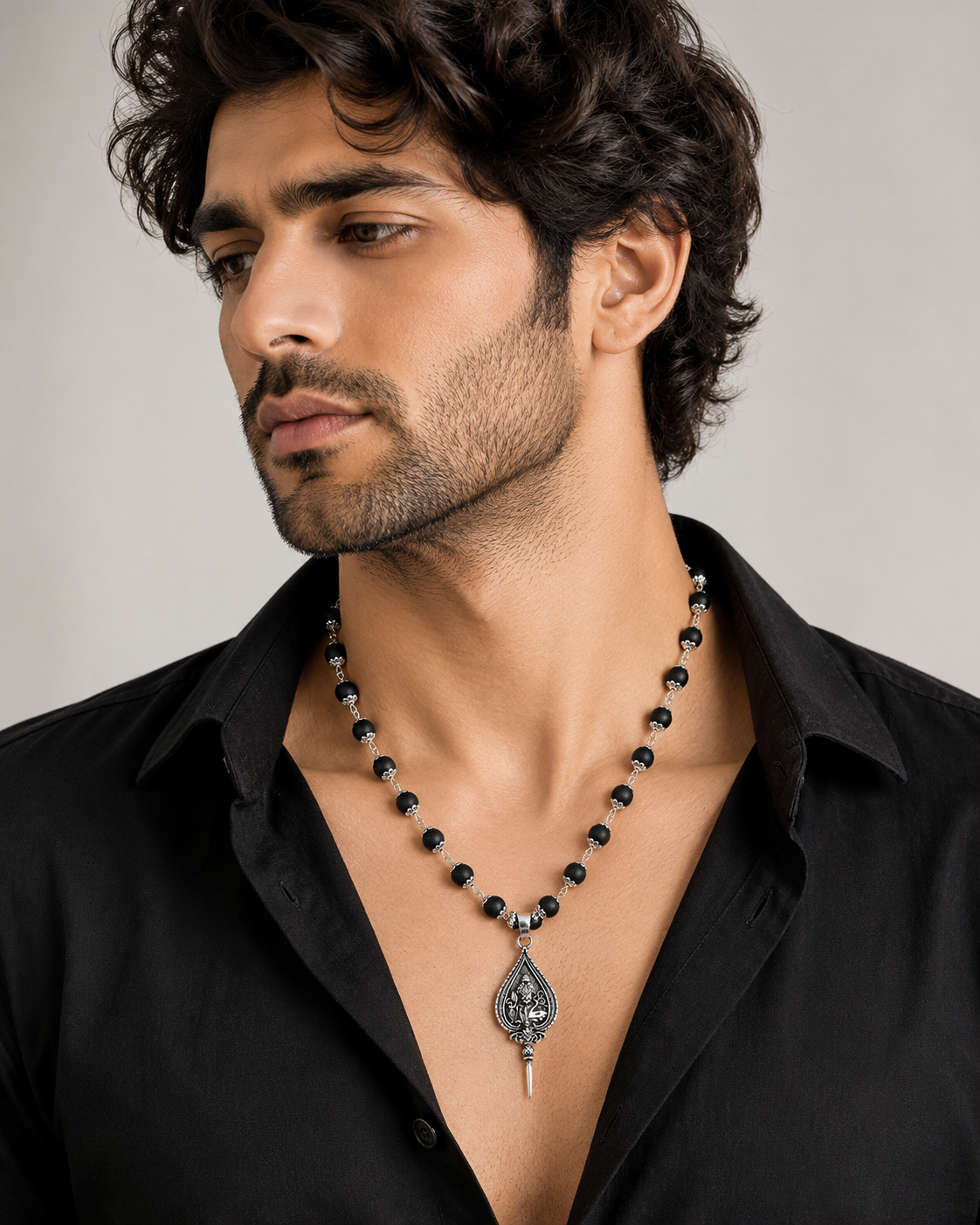 Lord Ganesha Black Beaded Necklace for Men-JS-SNC-009