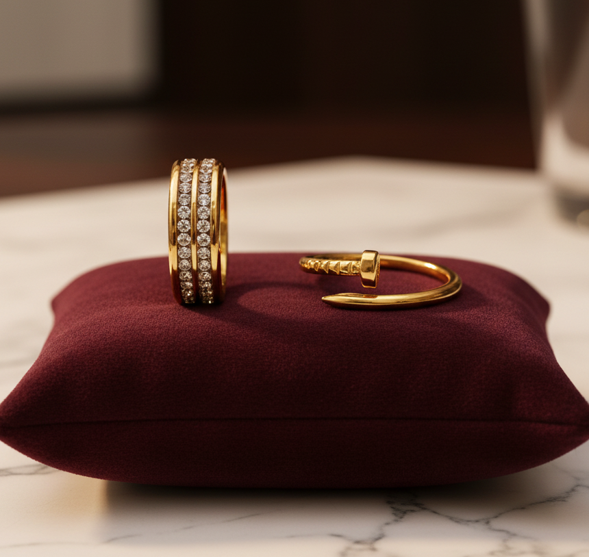 Jazz And Sizzle Set of 2 Gold Plated Zircon Studded Adjustable Couple Ring for Valentines Gift