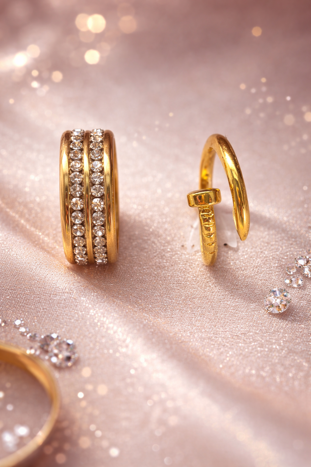 Jazz And Sizzle Set of 2 Gold Plated Zircon Studded Adjustable Couple Ring for Valentines Gift