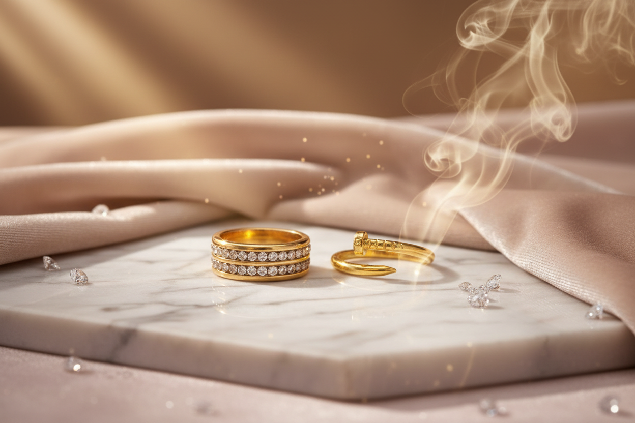 Jazz And Sizzle Set of 2 Gold Plated Zircon Studded Adjustable Couple Ring for Valentines Gift