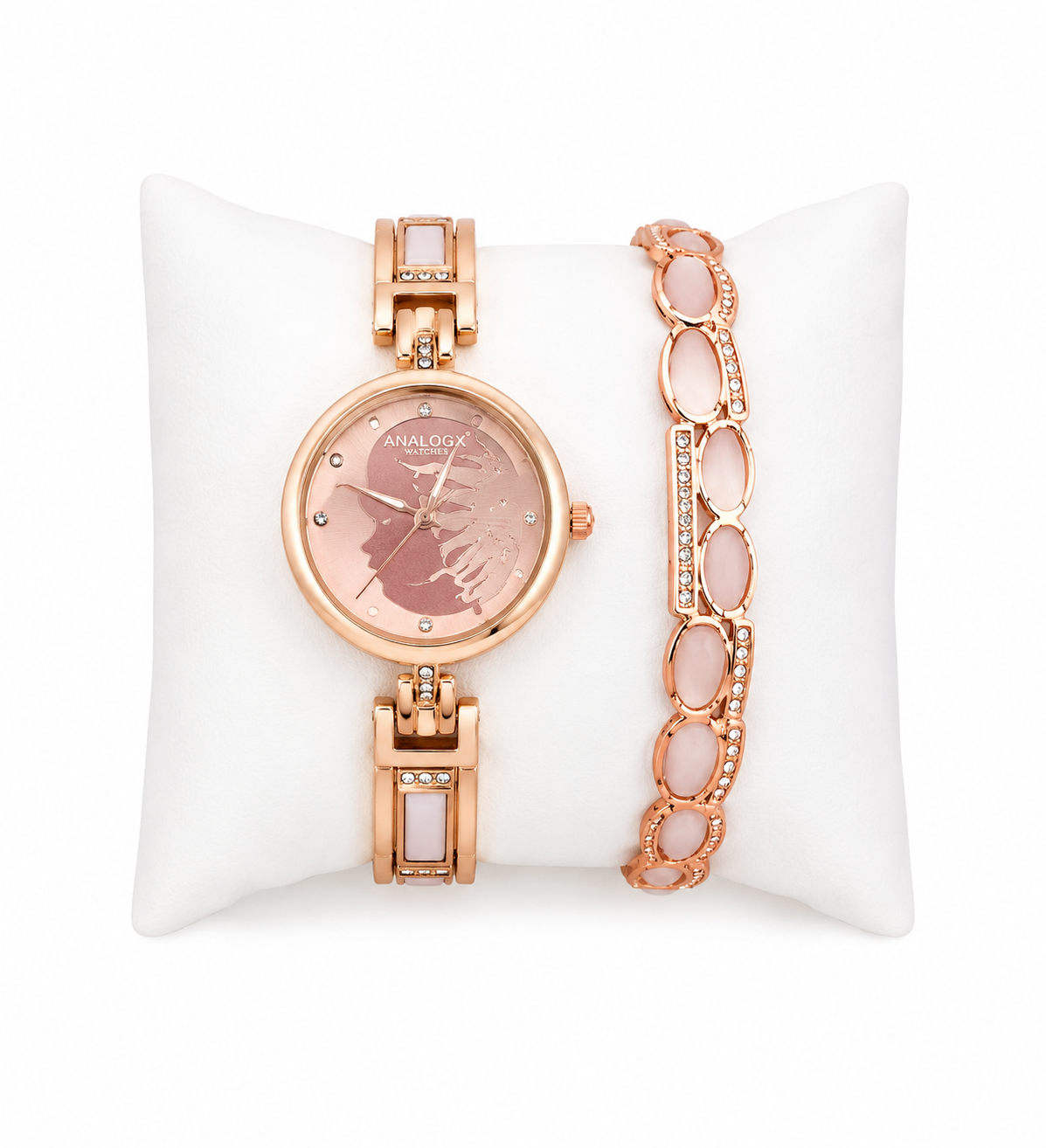 Elegant Rose Gold Women's Watch & Bracelet Combo with Pink Stone Accents